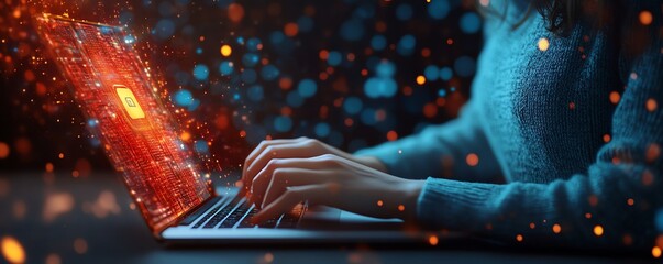 Aufkleber - Woman operating a laptop with a Privacy Lock icon on the virtual screen interface, focusing on data security, sleek and modern, highresolution