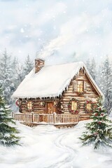 Poster - A cabin in the woods with a chimney and a wreath on the door. The house is surrounded by trees and snow