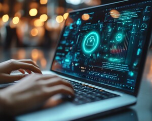 Aufkleber - Woman using a laptop computer, showing a Privacy Lock icon on virtual screen interfaces, modern and hightech setting, detailed and clear, 4K resolution