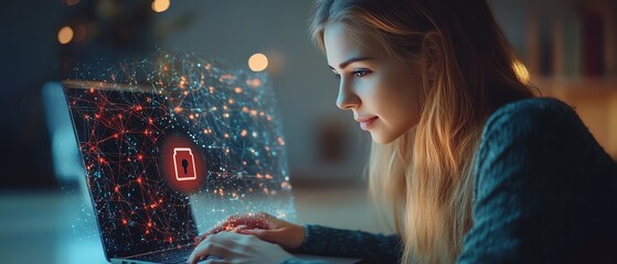 Aufkleber - Woman using a laptop with Privacy Lock icon on virtual screen, emphasizing privacy and security features, clear and detailed, 4K quality