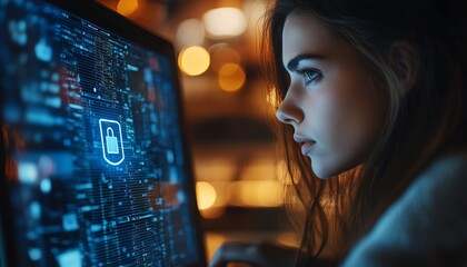 Aufkleber - Woman using a laptop with Privacy Lock icon on virtual screen, emphasizing privacy and security features, clear and detailed, 4K quality