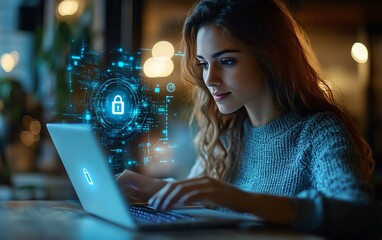 Aufkleber - Woman using a laptop with Privacy Lock icon on virtual screen, emphasizing privacy and security features, clear and detailed, 4K quality