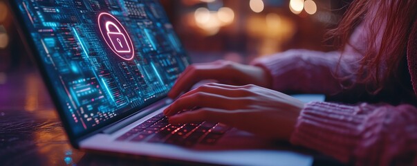 Aufkleber - Woman using a laptop with Privacy Lock icon on virtual screen, emphasizing privacy and security features, clear and detailed, 4K quality