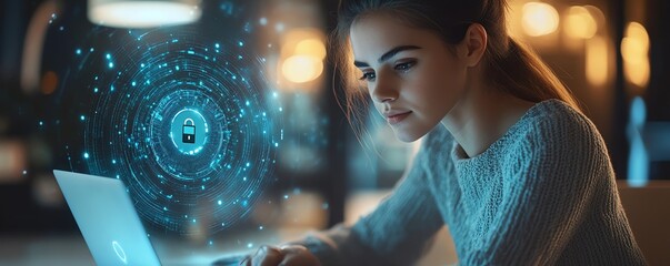 Aufkleber - Woman using a laptop with Privacy Lock icon on virtual screen, emphasizing privacy and security features, clear and detailed, 4K quality
