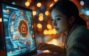 Aufkleber - Woman with a laptop displaying a Privacy Lock icon on virtual screen, techfocused and secure environment, detailed and vibrant, highresolution