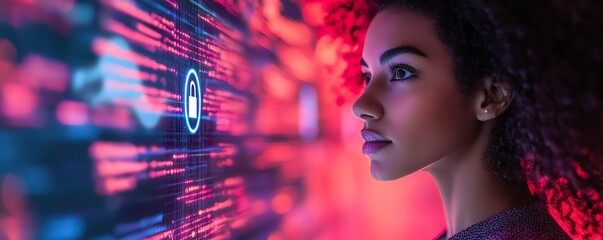Aufkleber - Woman with a laptop displaying a Privacy Lock icon on virtual screen, techfocused and secure environment, detailed and vibrant, highresolution