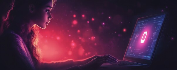 Aufkleber - Woman with a laptop displaying a Privacy Lock icon on virtual screen, techfocused and secure environment, detailed and vibrant, highresolution