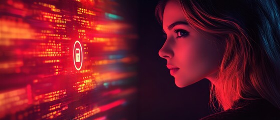 Aufkleber - Woman with a laptop displaying a Privacy Lock icon on virtual screen, techfocused and secure environment, detailed and vibrant, highresolution