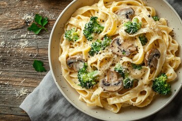 Tagliatelle pasta with creamy sauce, mushrooms, and broccoli served in a bowl