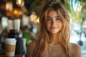 Beautiful young woman drinking latte art coffee in cozy cafe