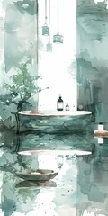 Poster - A bathroom with a bathtub and a bottle of lotion. The bathtub is surrounded by a green room with a tree and a potted plant. Scene is calm and relaxing