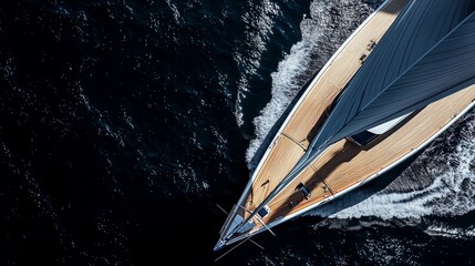 Wall Mural - aerial view of sleek, modern sailing yacht cutting through deep blue water. boat for participation in long sea regattas