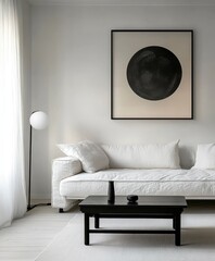 Minimalist interior, black framed circular artwork, white couch, low black coffee table, textured white walls, monochromatic palette, sleek modern design, soft natural lighting, clean lines, geometric