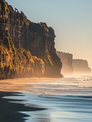 Wall Mural - Coastal cliffs at sunrise with a sandy beach in the foreground.