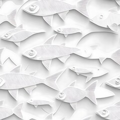 Wall Mural - 3D white paper cut-out fish seamless pattern