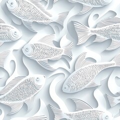 Wall Mural - 3D white paper cut-out fish seamless pattern