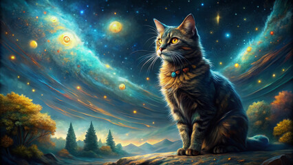 majestic cat gazes at cosmic landscape filled with vibrant stars and swirling galaxies, evoking sense of wonder and tranquility. enchanting scene captures beauty of universe