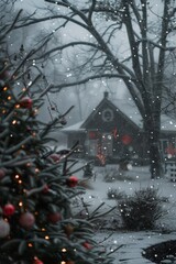 Sticker - Christmas props and a serene snowfall scene overlaid through double exposure for a tranquil effect.