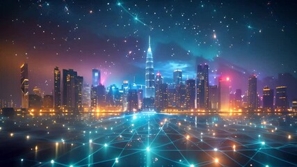 Aufkleber - Twilight over a digital representation of a modern city with networking overlay.