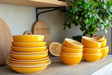 set of yellow crockery decorated with orange. Morden decoration kitchen idea. Space for text. Design interior web, restaurant, magazine -with generative ai