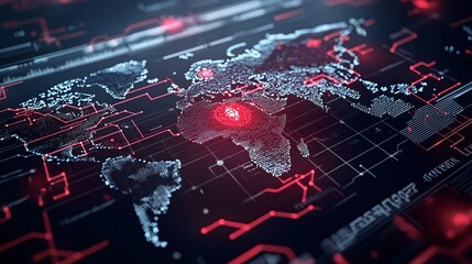 Wall Mural - a digital interface with a network map showing a spreading cyber attack, with one node highlighted i