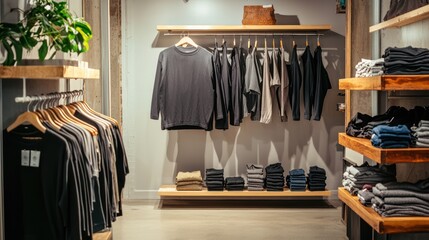 An eco-conscious clothing store with apparel made from organic cotton, hemp, and recycled polyester, displayed in a minimalist style