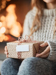 Wall Mural - Close-up photo of a Christmas present with a blank white tag, brown polka dot paper, and a red ribbon on it, in front of a fireplace