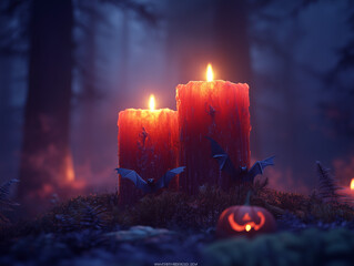 two red candles with bat wings, in the foggy forest at night, there is an orange pumpkin on the mossy ground