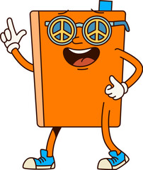 Poster - Book groovy character promoting love of learning and peace. Cartoon school funky textbook personage with vibrant orange cover, wears peace sign glasses and sneakers, exuding fun and educational vibe