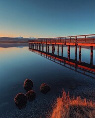 Wall Mural - A wooden pier extends into a calm lake with a mountain range in the background.