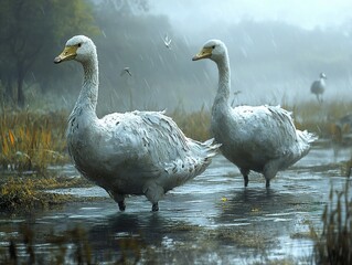 Wall Mural - Two Geese Standing in a Rainy Pond