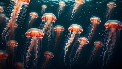 Wall Mural - Mesmerizing dance of vivid red jellyfish moving gracefully through murky underwater depths