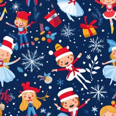 Wall Mural - Festive Seamless Design with Nutcrackers and Ballerinas