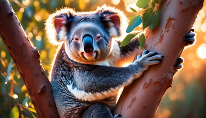 Wall Mural - Charming full-body outdoor portrait of a cuddly koala basking in natures embrace