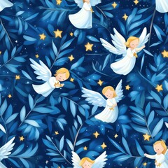 Poster - Continuous Pattern of Angelic Figures and Stars