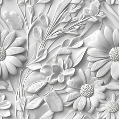 Canvas Print - 3D floral wallpaper with white flowers and leaves