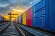 © Wan Haniza - Colorful freight containers on railway at sunset