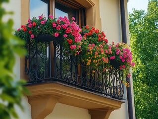 Wall Mural - A balcony with wrought iron railings adorned with vibrant pink and orange flowers.