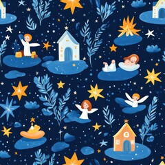 Wall Mural - Christmas Star Pattern with Angels and Houses