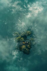 Poster - A small island with a house on it is surrounded by water and clouds