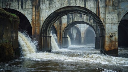 A scenic view of a waterway flowing through concrete arches, capturing the beauty of nature and architecture in harmony.