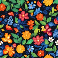 Wall Mural - Vibrant Floral Batik Pattern with Leafy Elements