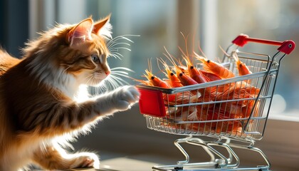 Wall Mural - Curious red cat exploring toy shopping cart filled with vibrant boiled shrimps, showcasing the contrast between healthy and harmful cat nutrition