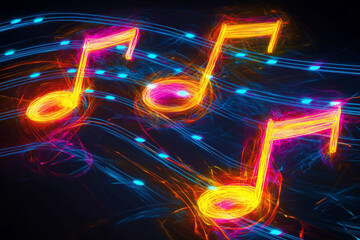 A vibrant, abstract representation of musical notes illuminated with colorful light trails, symbolizing the energy of music.