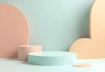 Minimalist three dimensional podium set with soft pastel colors, featuring circular and curved shapes against light background, creating serene and modern aesthetic