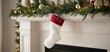 © Pixel Alchemist - Christmas stocking hanging on a fireplace mantel decorated with holiday garland.