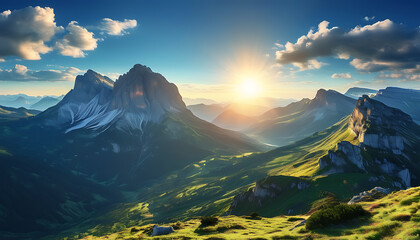 Wall Mural - Fascinating mountain view with sun shining its glory.