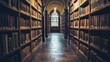 © Kitta Studio - A serene view of a library aisle lined with books, bathed in warm light, inviting readers to explore knowledge and imagination.