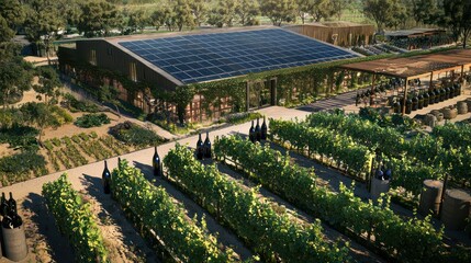 An energy-efficient winery with solar-powered production areas, recycled glass bottles, and organic vineyards