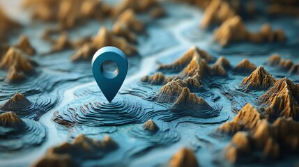 Poster - 3d map with blue location marker, topographic landscape. navigation and exploration concept